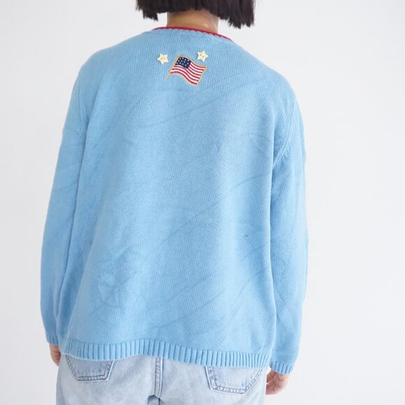 Vintage C&B Blue Teddy Bear Knit Sweater Star Appliqué Americana Cabincore XL - Picture 2 of 9